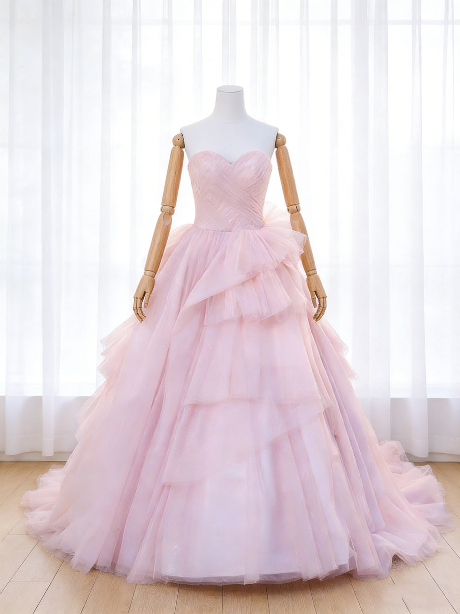 送料無料！カラードレス ベアトップ ハンドドレープ  ピンク アシンメトリードレス プリンセスライン ブライダル