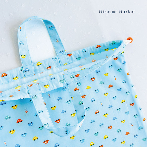 お着替え袋】持ち手付き 巾着 車柄 オレンジ ネームタグ付き マチ