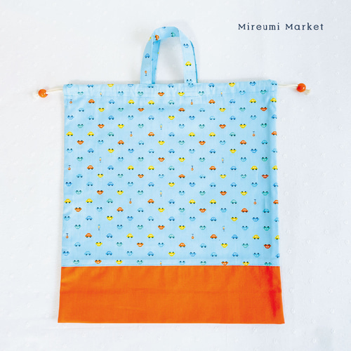 お着替え袋】持ち手付き 巾着 車柄 オレンジ ネームタグ付き マチ