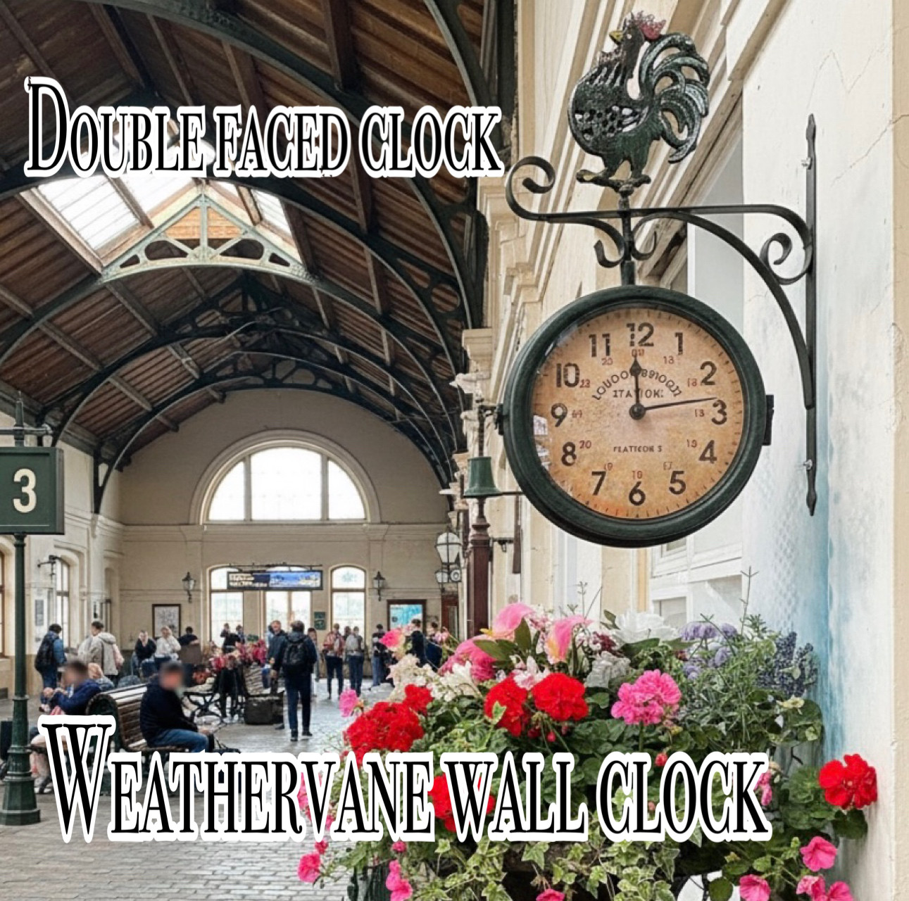 おしゃれな壁掛け時計  アンティーク 風見鶏top 両面時計  艶無しブラック 墨黒