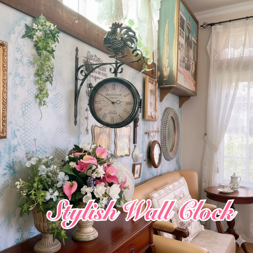 おしゃれな壁掛け時計 アンティーク 風見鶏top 両面時計 シャビー