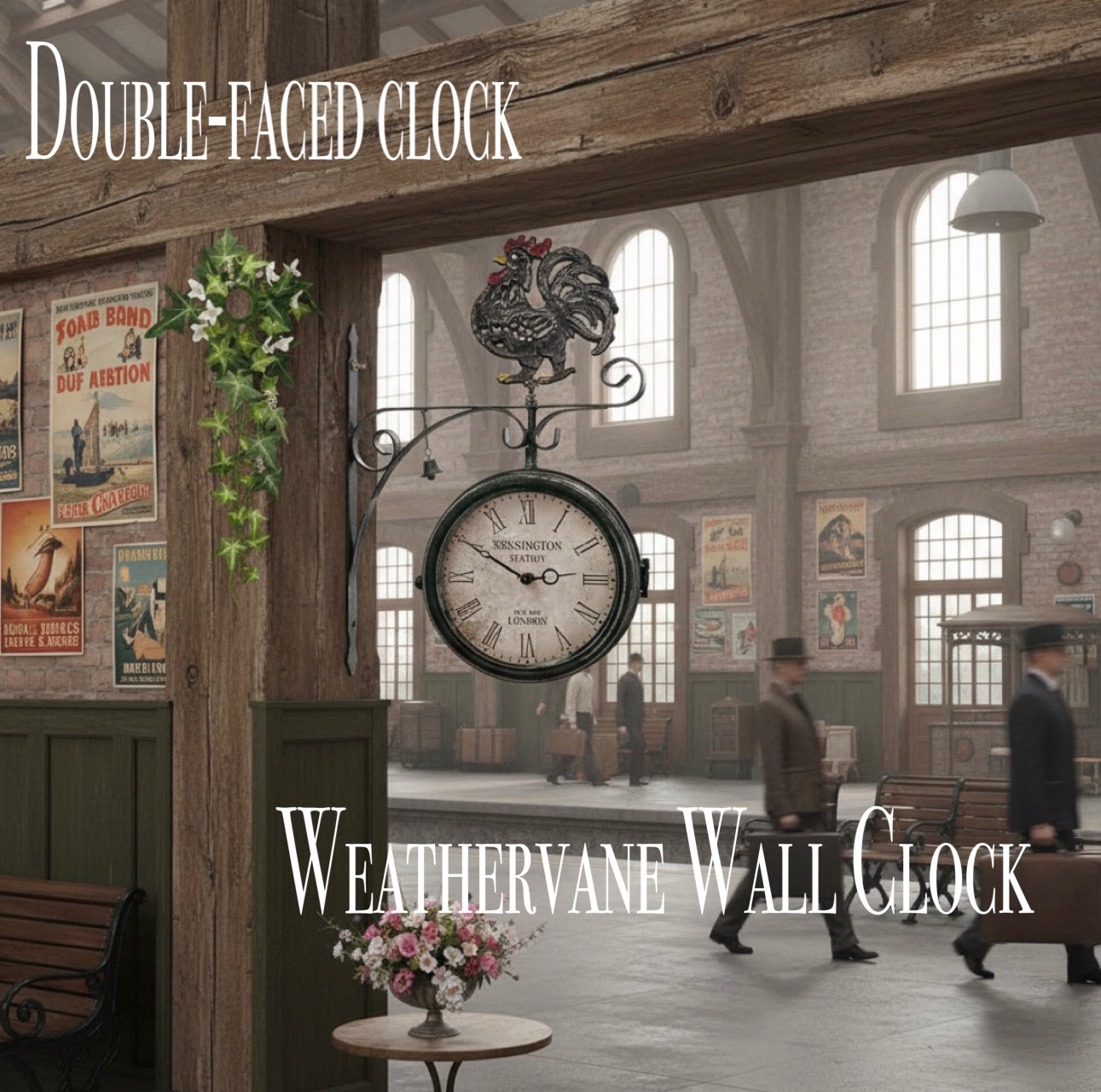 おしゃれな壁掛け時計  アンティーク 風見鶏top 両面時計  シャビーブラック