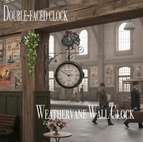 おしゃれな壁掛け時計 アンティーク 風見鶏top 両面時計 シャビー