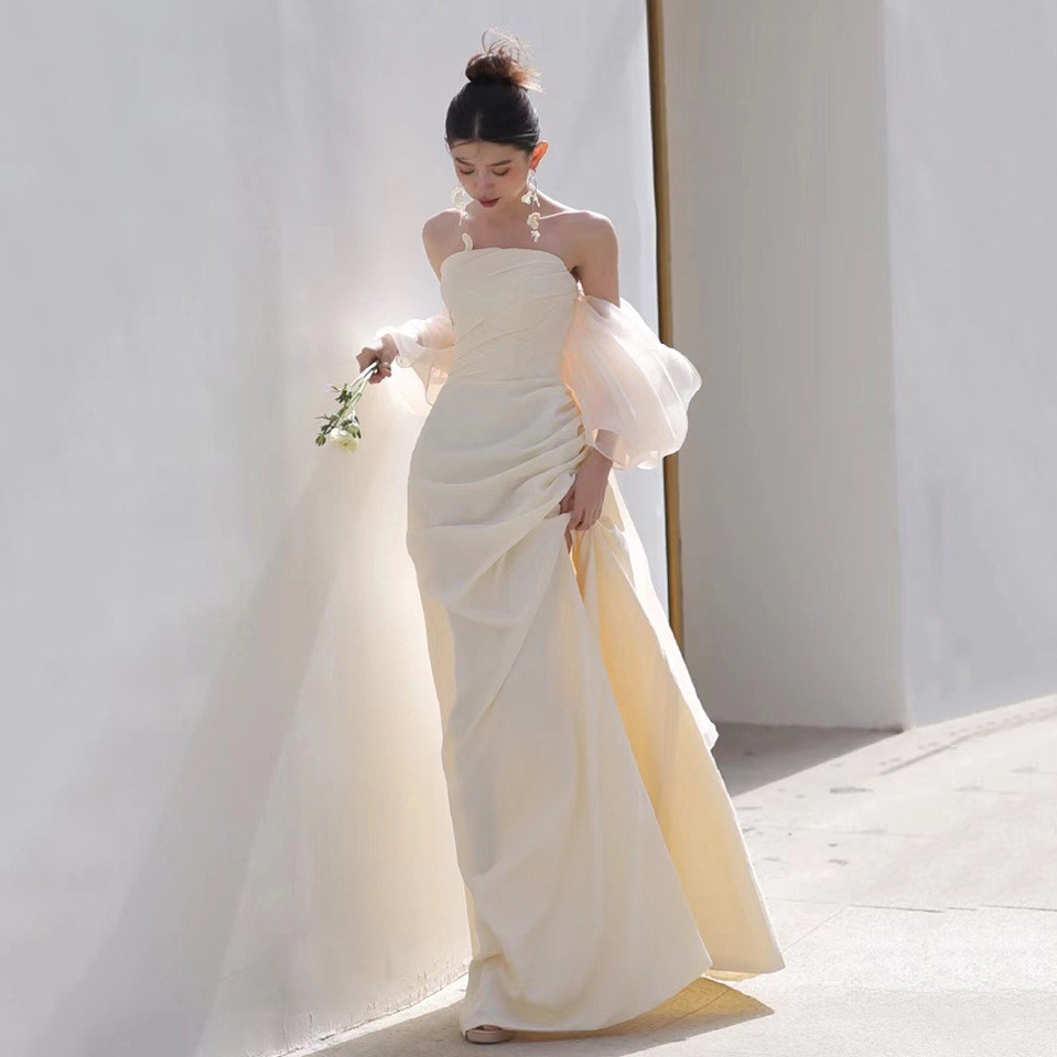 高級感 ベージュ 黒 オフショルダー ウェディングドレス 花嫁 パーティー 披露宴 二次会 前撮り HL1413