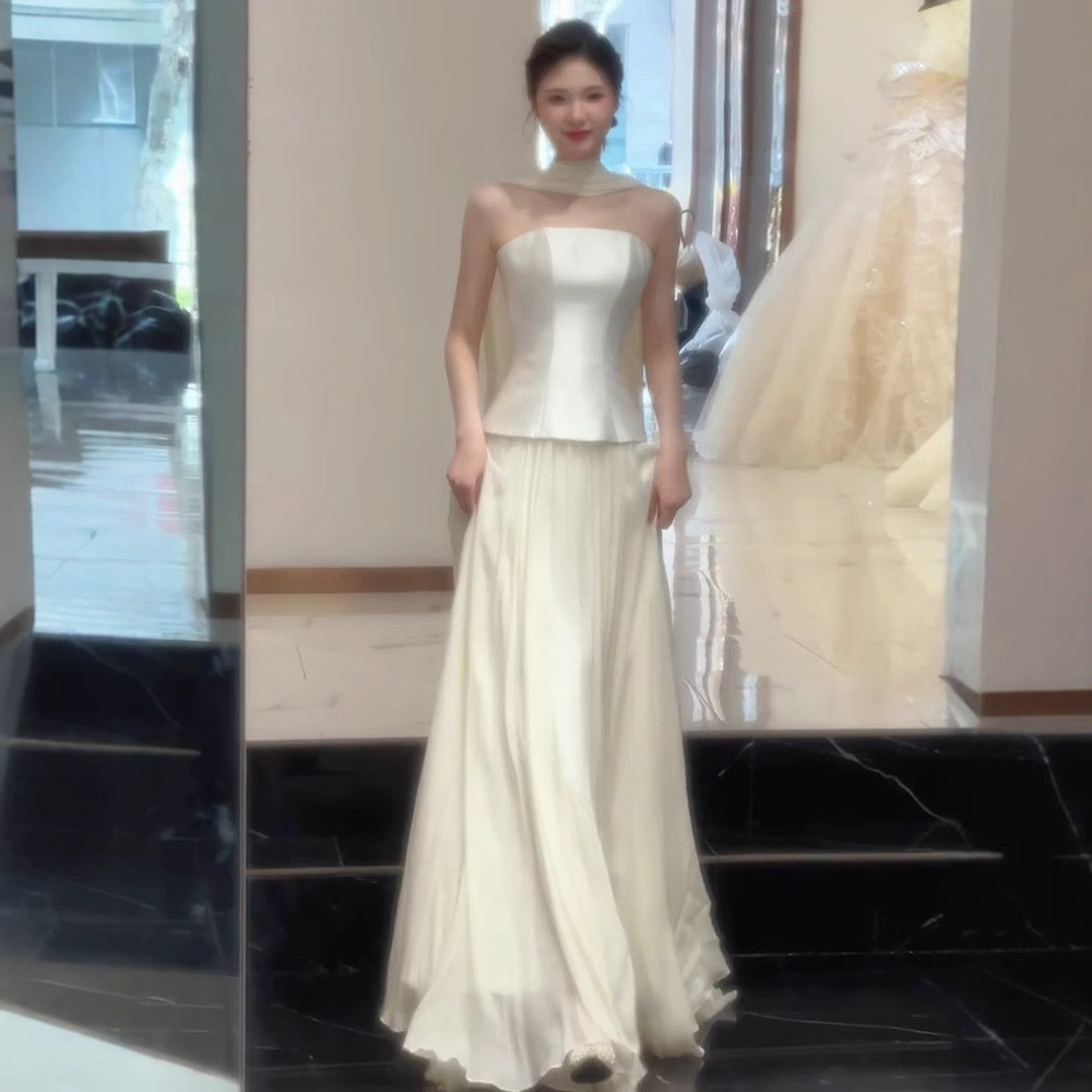 高級感 白 黒 オフショルダー ウェディングドレス 花嫁 パーティー 披露宴 二次会 前撮り HL1414