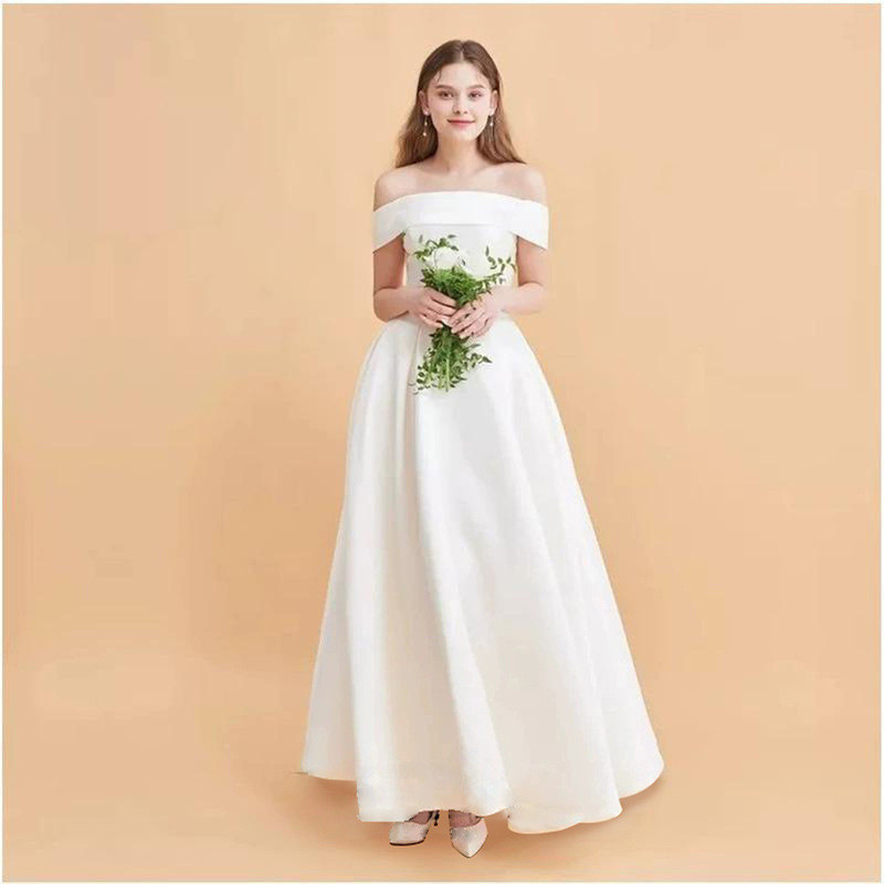 高級感 白 黒 サテン オフショルダー ウェディングドレス シンプル 韓国風 花嫁 披露宴 二次会 前撮り HL1417