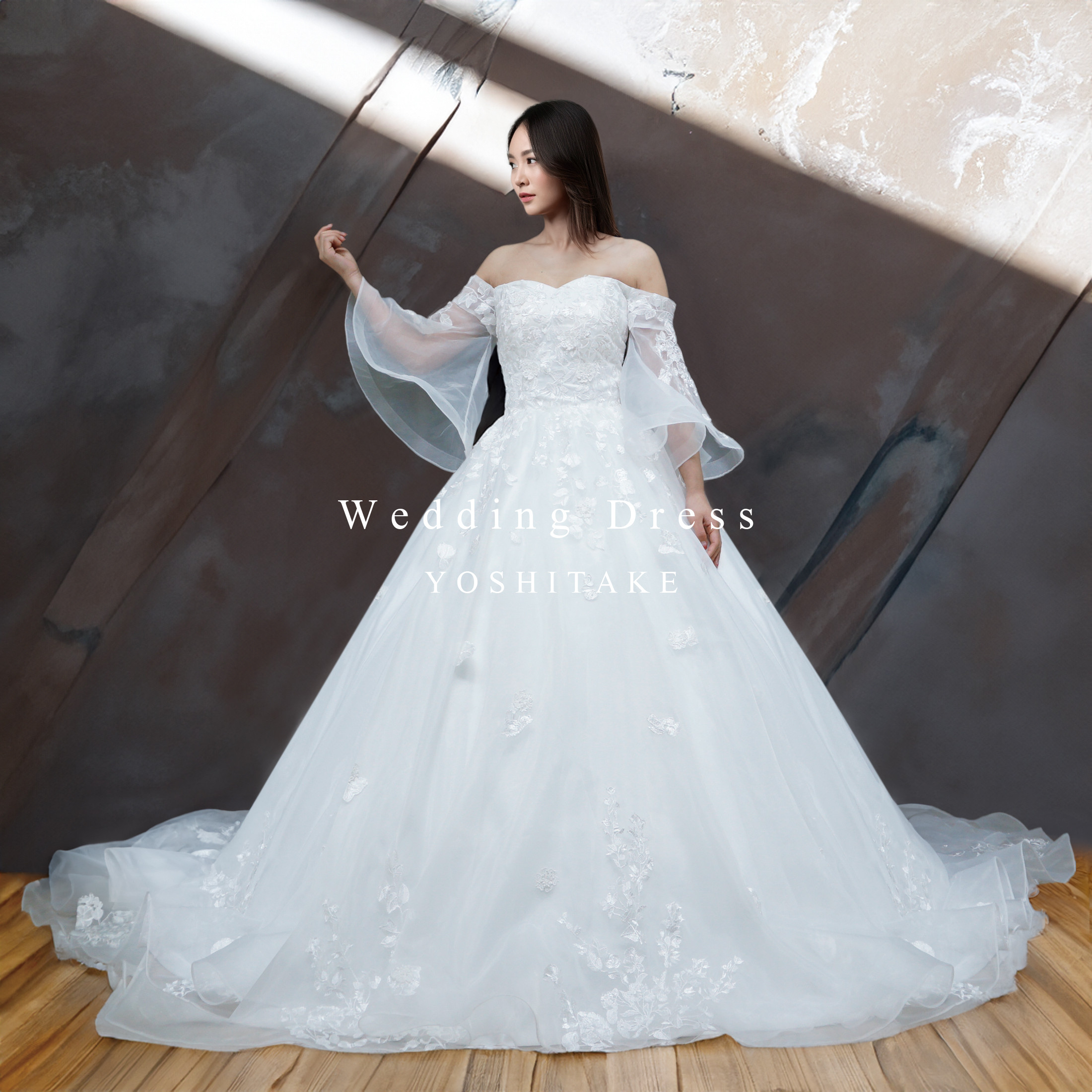 【オーダー制作】ウエディングドレス.白.プリンセスライン.ベルスリーブ.オフショル.Y1160