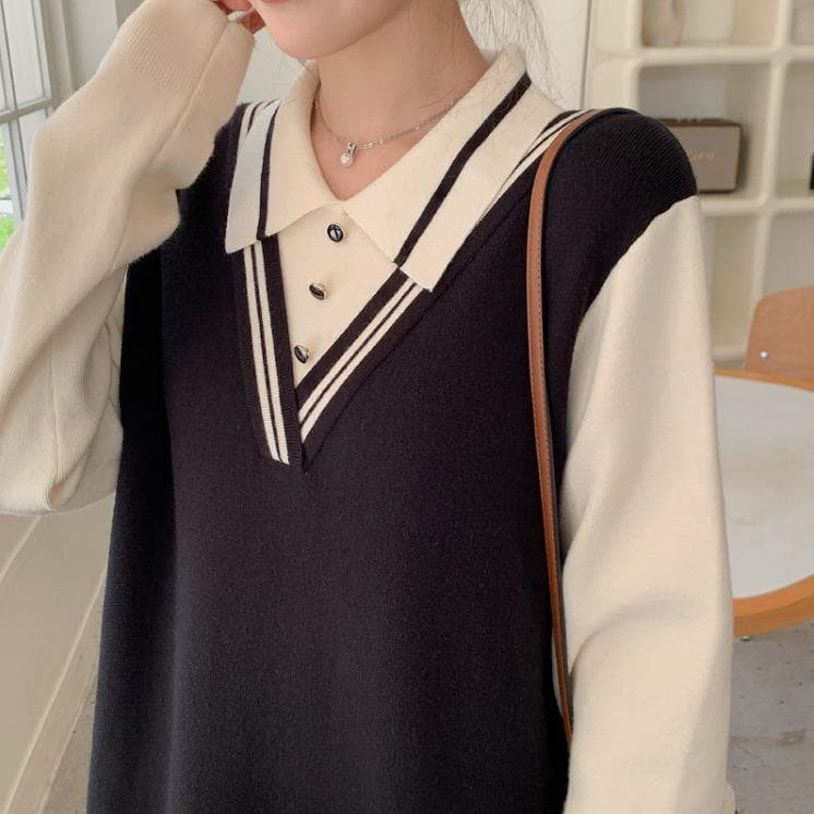 大きいサイズ 重ね着風　ワンピース　ニット　レディース 秋冬　春 新品 長袖