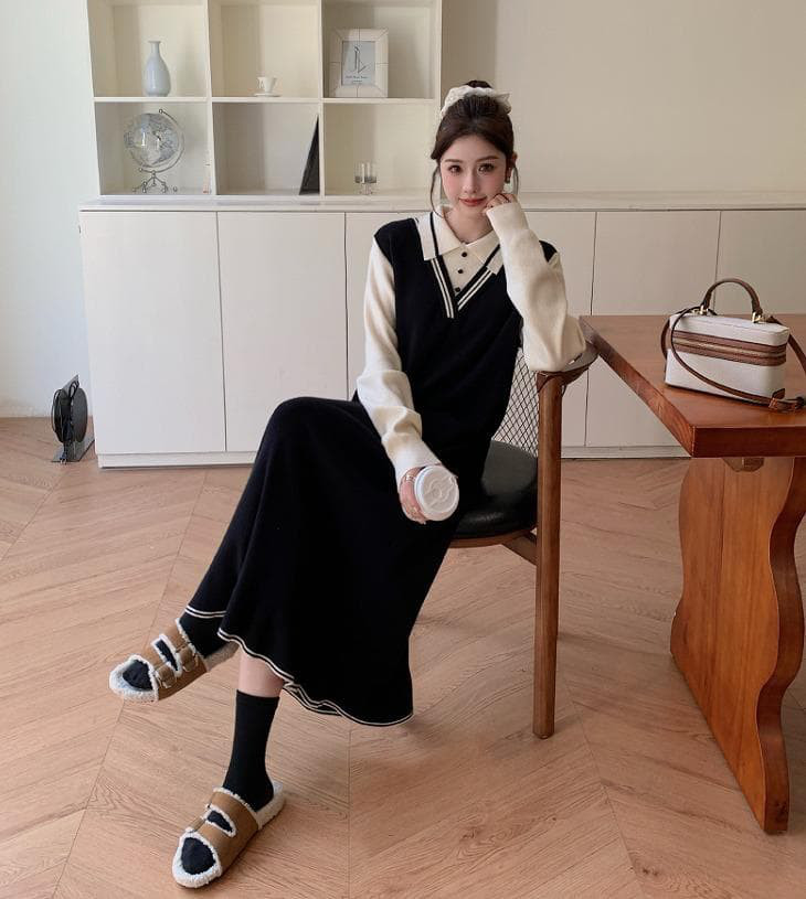 大きいサイズ 重ね着風　ワンピース　ニット　レディース 秋冬　春 新品 長袖