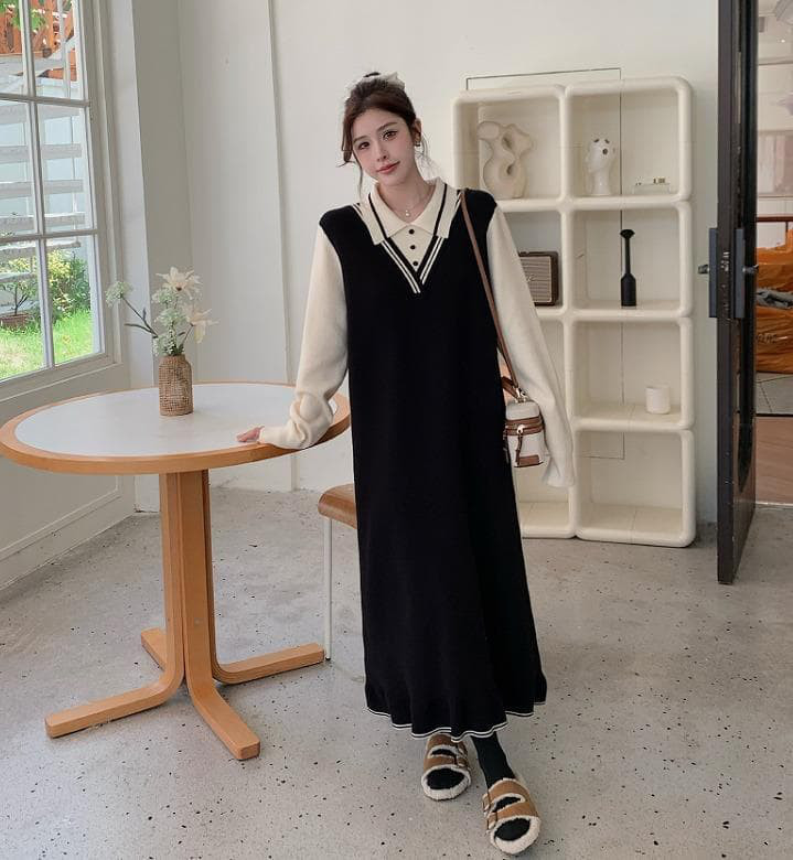 大きいサイズ 重ね着風　ワンピース　ニット　レディース 秋冬　春 新品 長袖