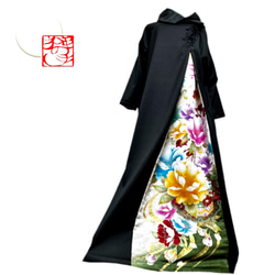 振袖 着物リメイク ドレス 和柄 ワンピース 黒×大輪牡丹や花 シンプル
