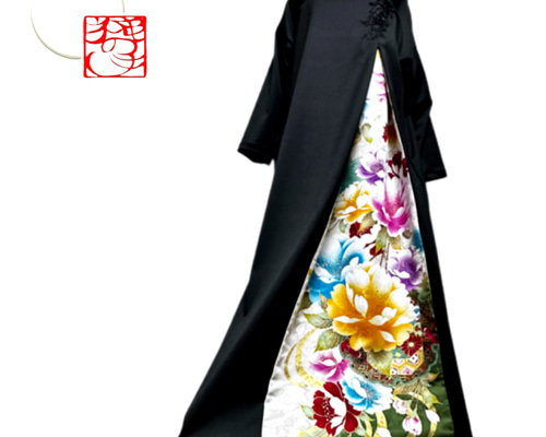 振袖 着物リメイク ドレス 和柄 ワンピース 黒×大輪牡丹や花 シンプル