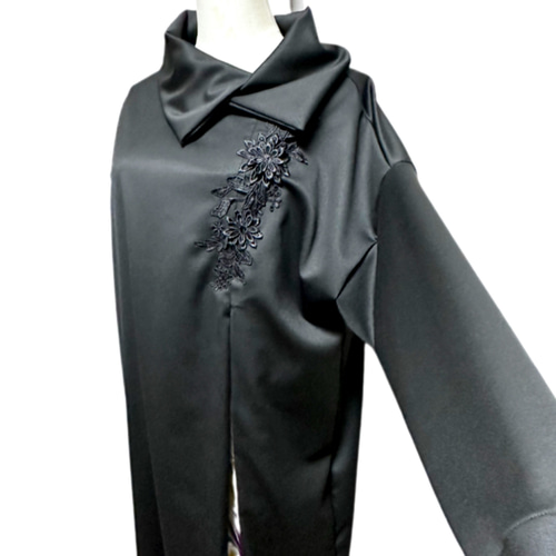 振袖 着物リメイク ドレス 和柄 ワンピース 黒×大輪牡丹や花 シンプル