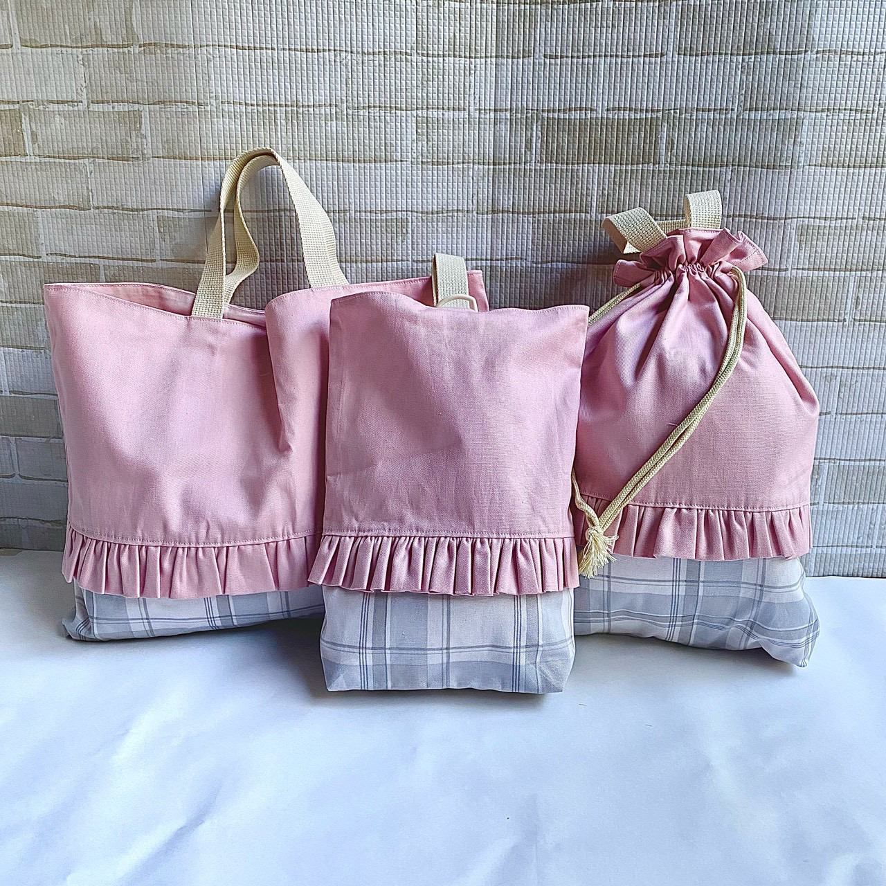 【送料無料】入園入学2026  3点セット【タータンチェック×ピンク】レッスンバック　シューズケース　体操服袋