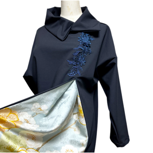 振袖 着物リメイク ドレス 和柄 ワンピース 濃紺×流水や桜や牡丹