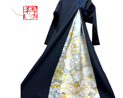 振袖 着物リメイク ドレス 和柄 ワンピース 濃紺×流水や桜や牡丹