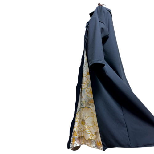 振袖 着物リメイク ドレス 和柄 ワンピース 濃紺×流水や桜や牡丹