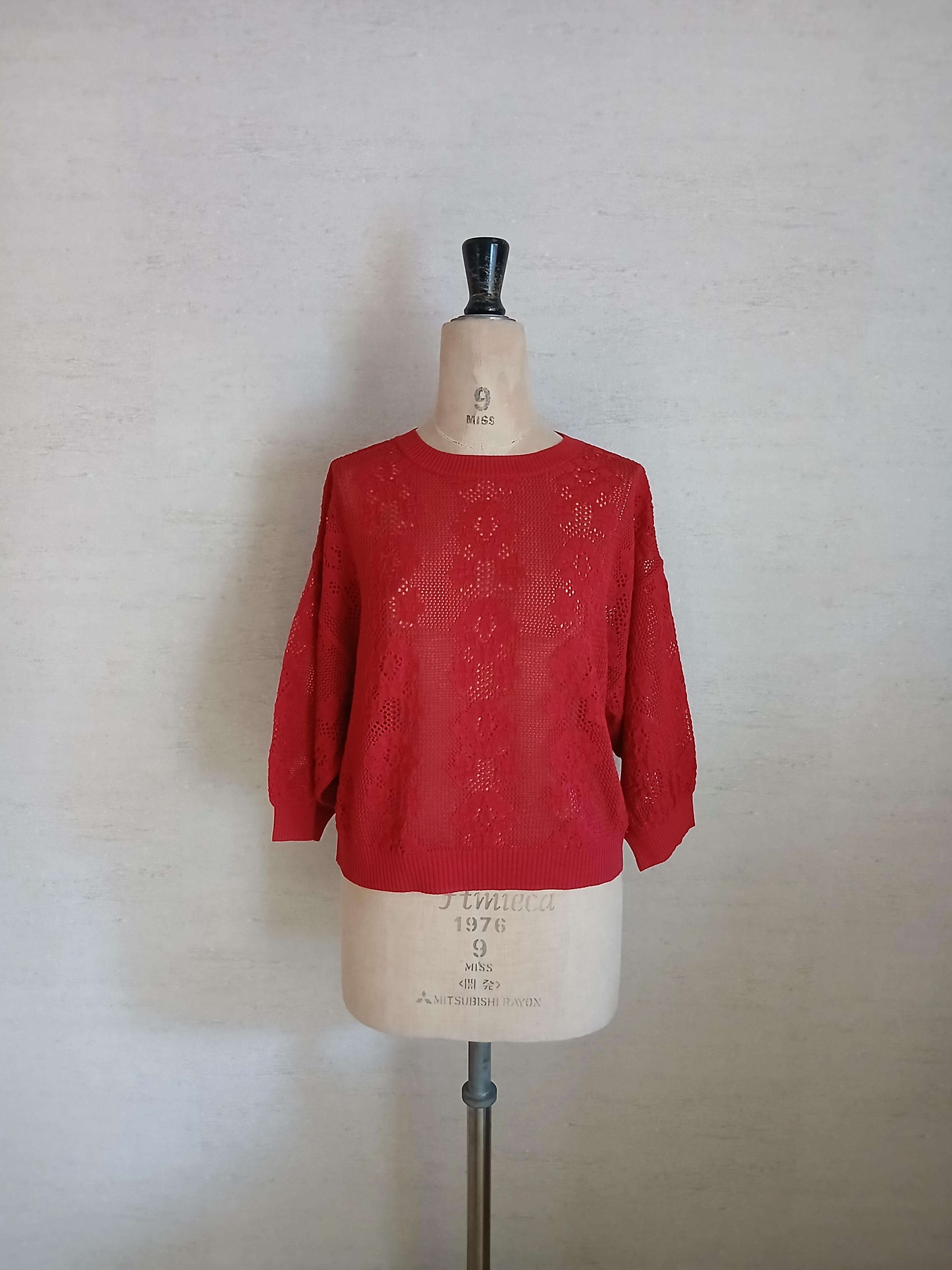 【2026♡新作】コットン混フラワー透かしプルオーバー（8分袖）ダークレッド