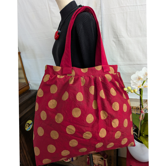 ドット柄(木綿)の柿渋染め大きめトートバッグ ハンドメイド トート