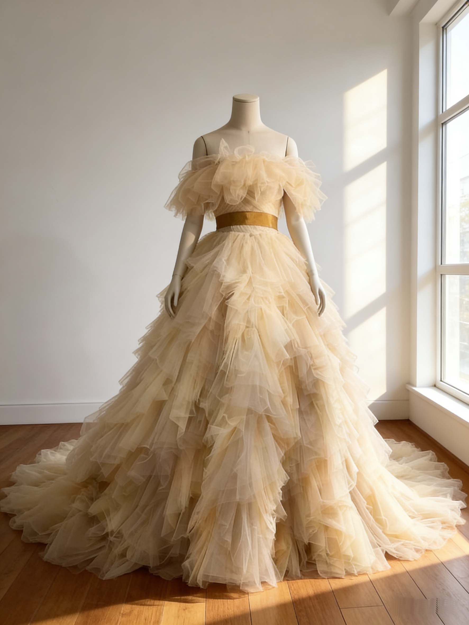 カラードレス  ブラウン  オフショルダー  編み上げ  アシンメトリー風 華やかなトレーン ソフトチュール 花嫁