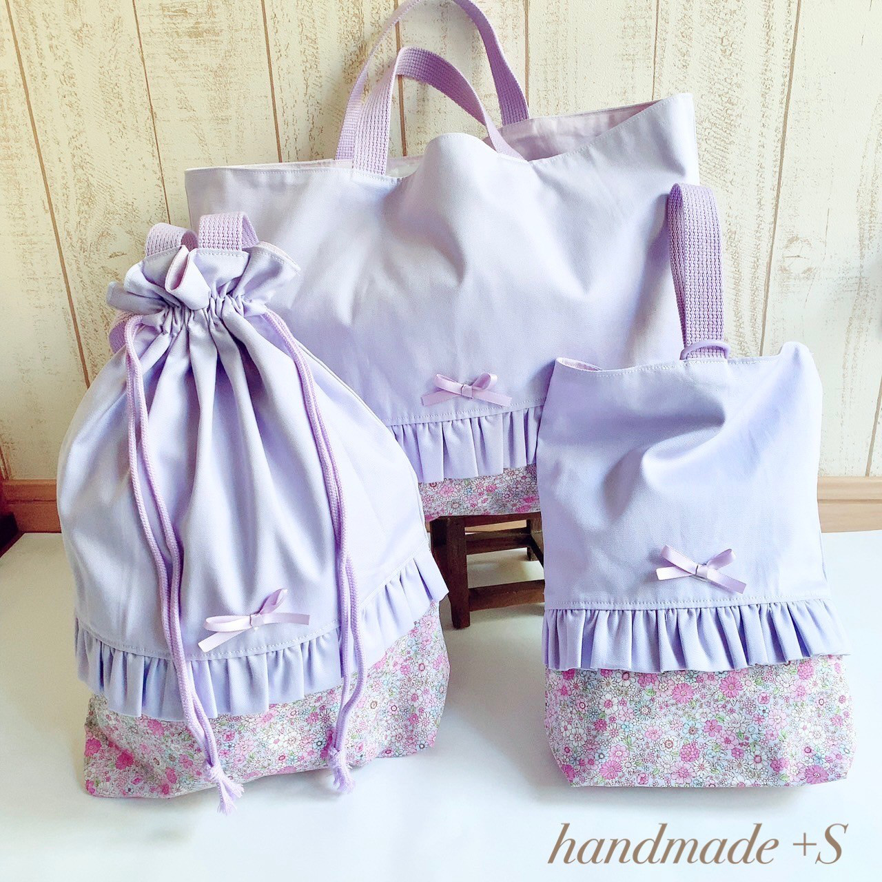 【送料無料】入園入学2026  3点セット〔パープル×花柄〕レッスンバック　シューズケース　体操服袋　女の子　フリル　花