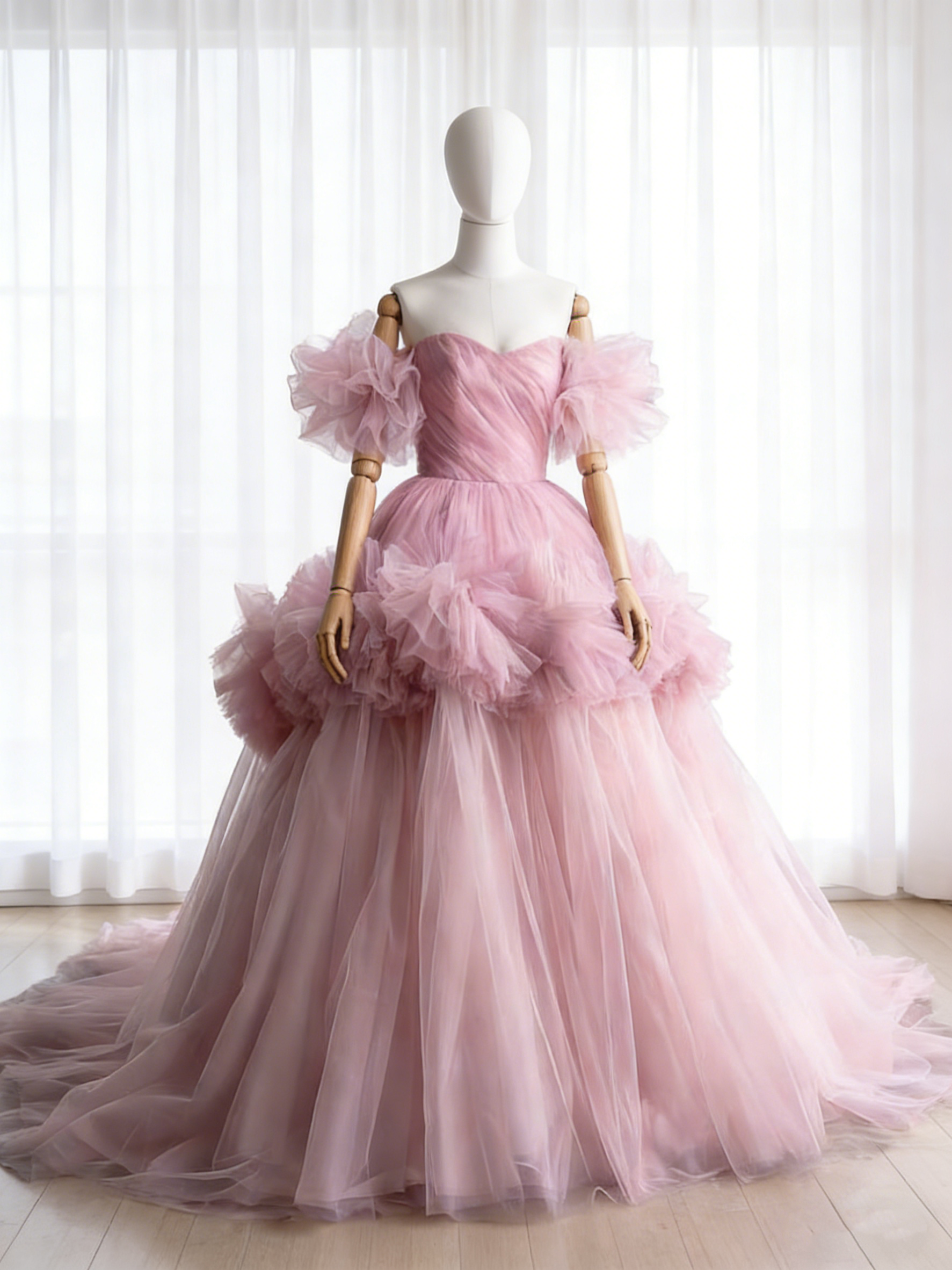 送料無料！カラードレス ピンク フリル袖 ラッフルフリル 華やかなトレーン チュールスカート ブライダル 花嫁