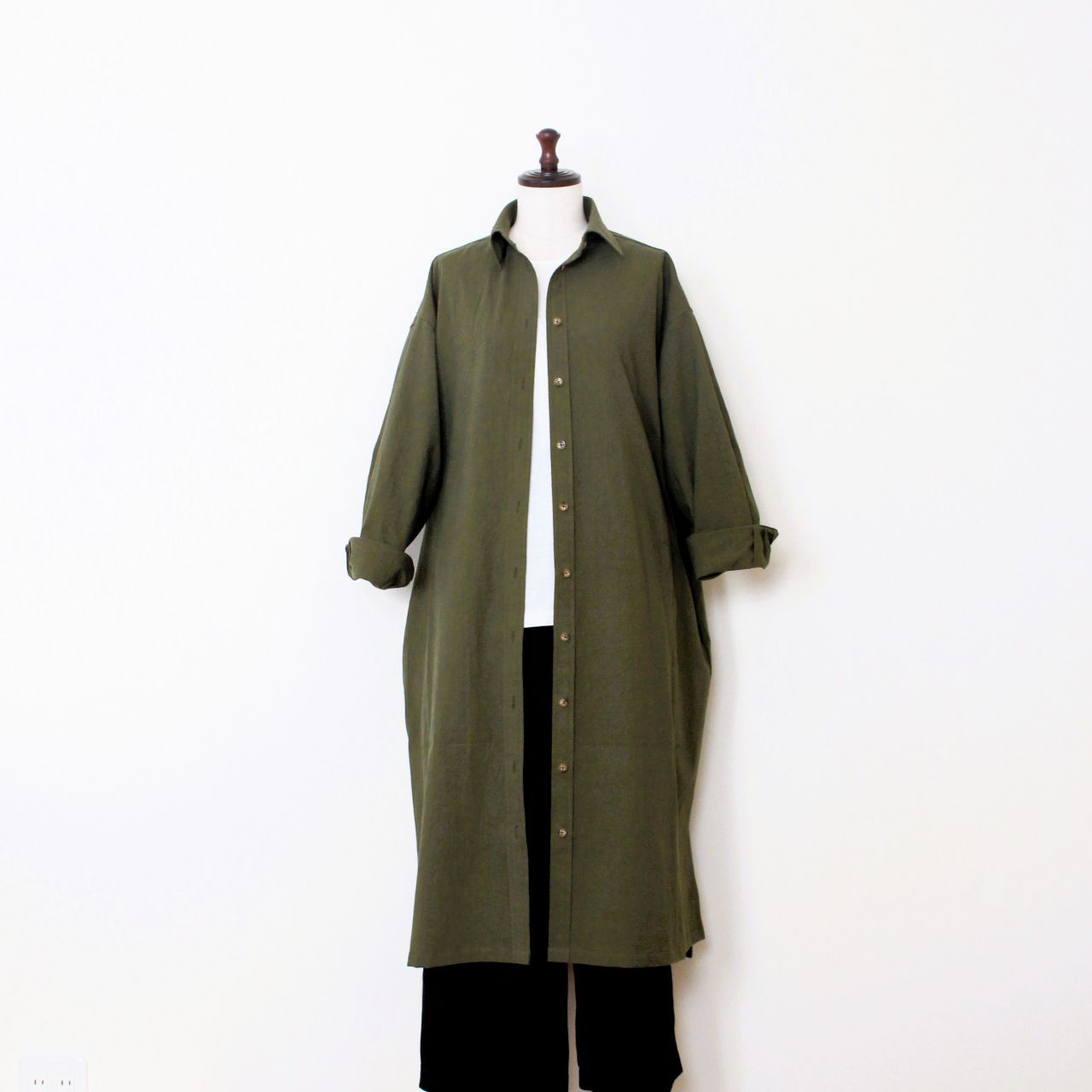 日本製《2026SS》コットンワッシャーオリーブグリーンロングシャツワンピース