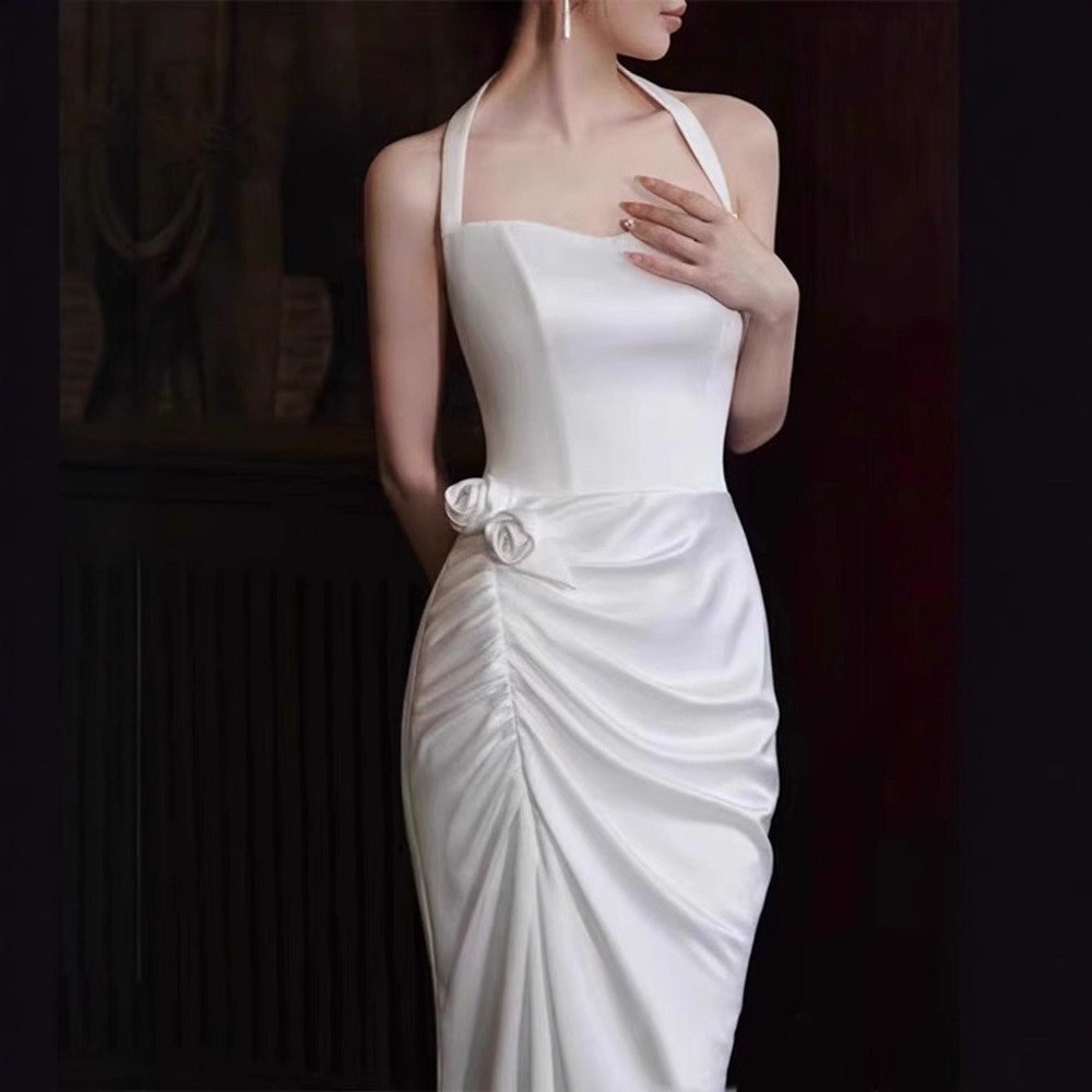 高級感 白黒 スリム ウェディングドレス マーメイドドレス シンプル 韓国風 花嫁 披露宴 二次会 前撮り HL1424