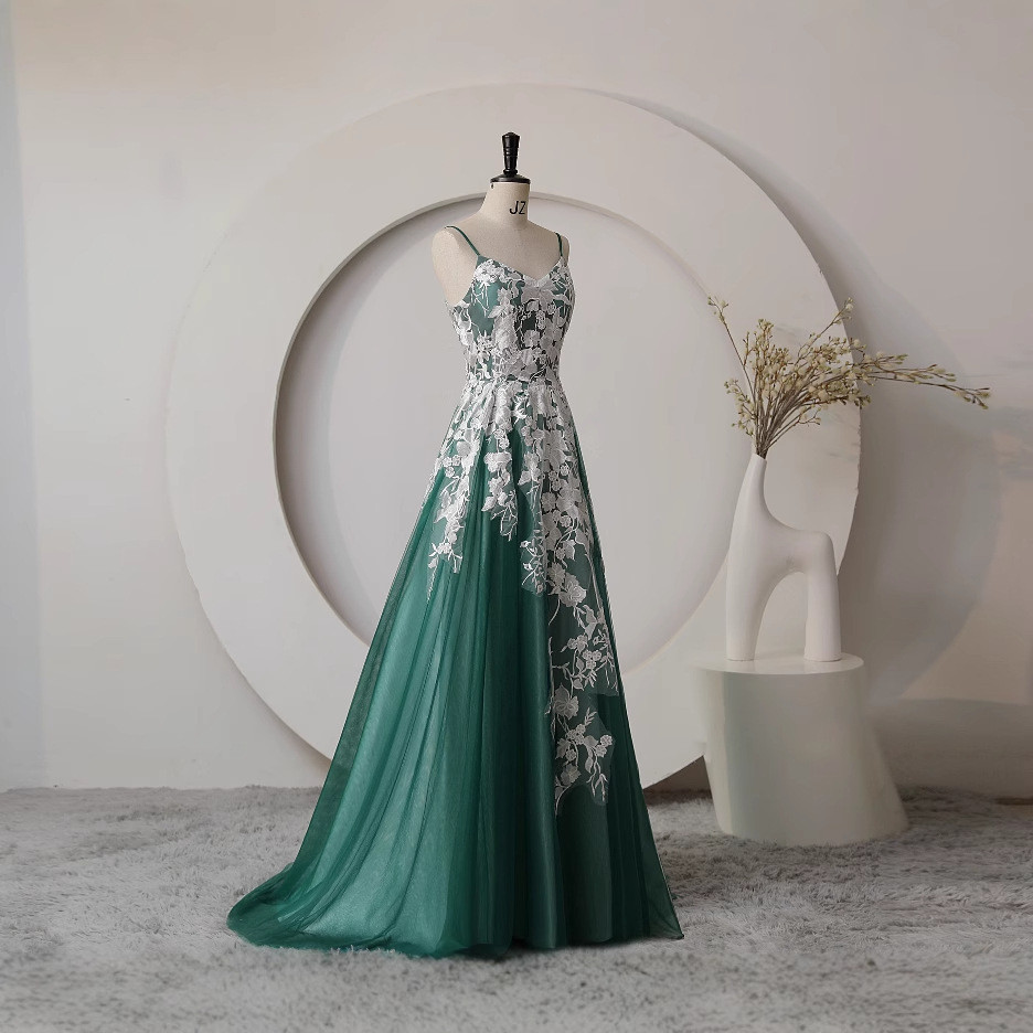 高級感 緑 レース ノースリーブ パーティードレス プリンセス 誕生日 成人式 披露宴 二次会 前撮り HL1427