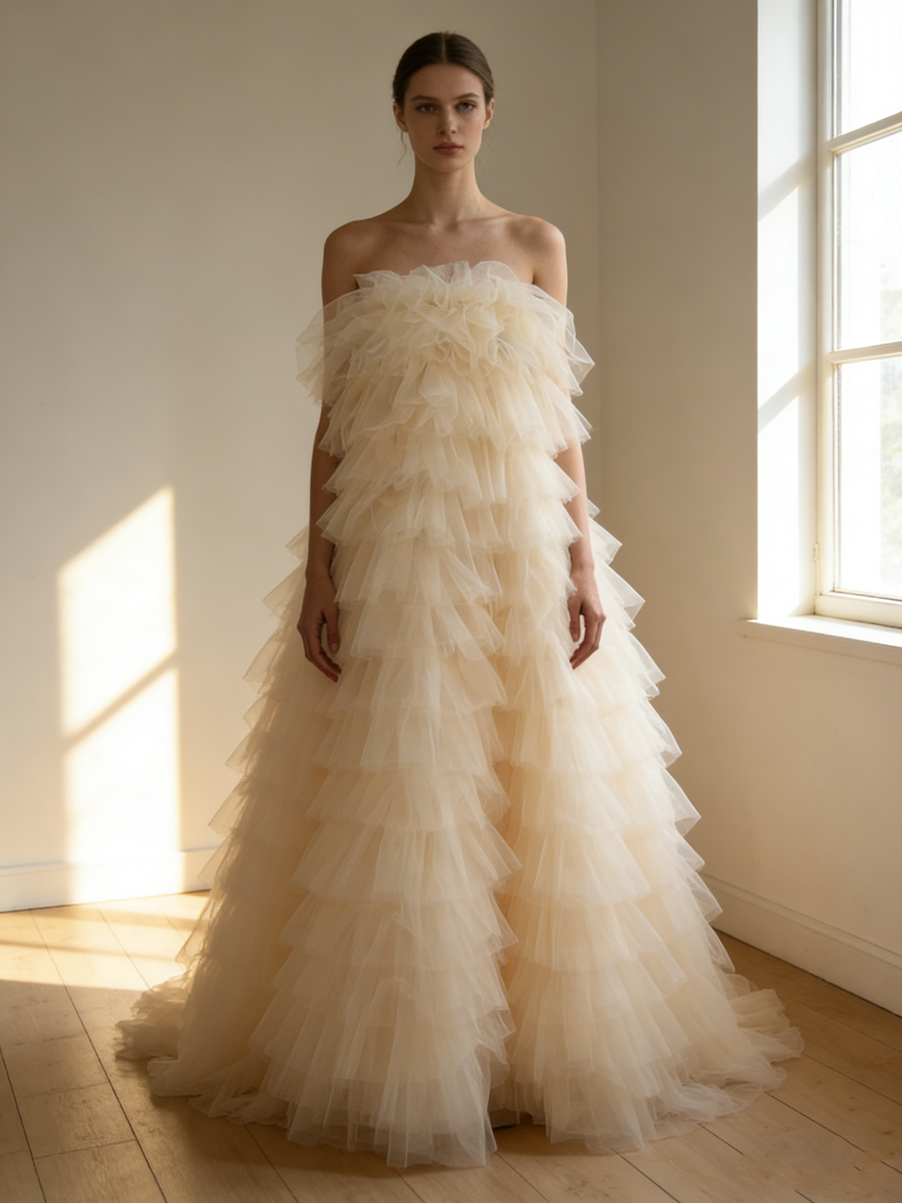 送料無料！カラードレス 薄シャンパン色 柔らかく重ねたチュールスカート ストレッチ 花嫁 前撮り