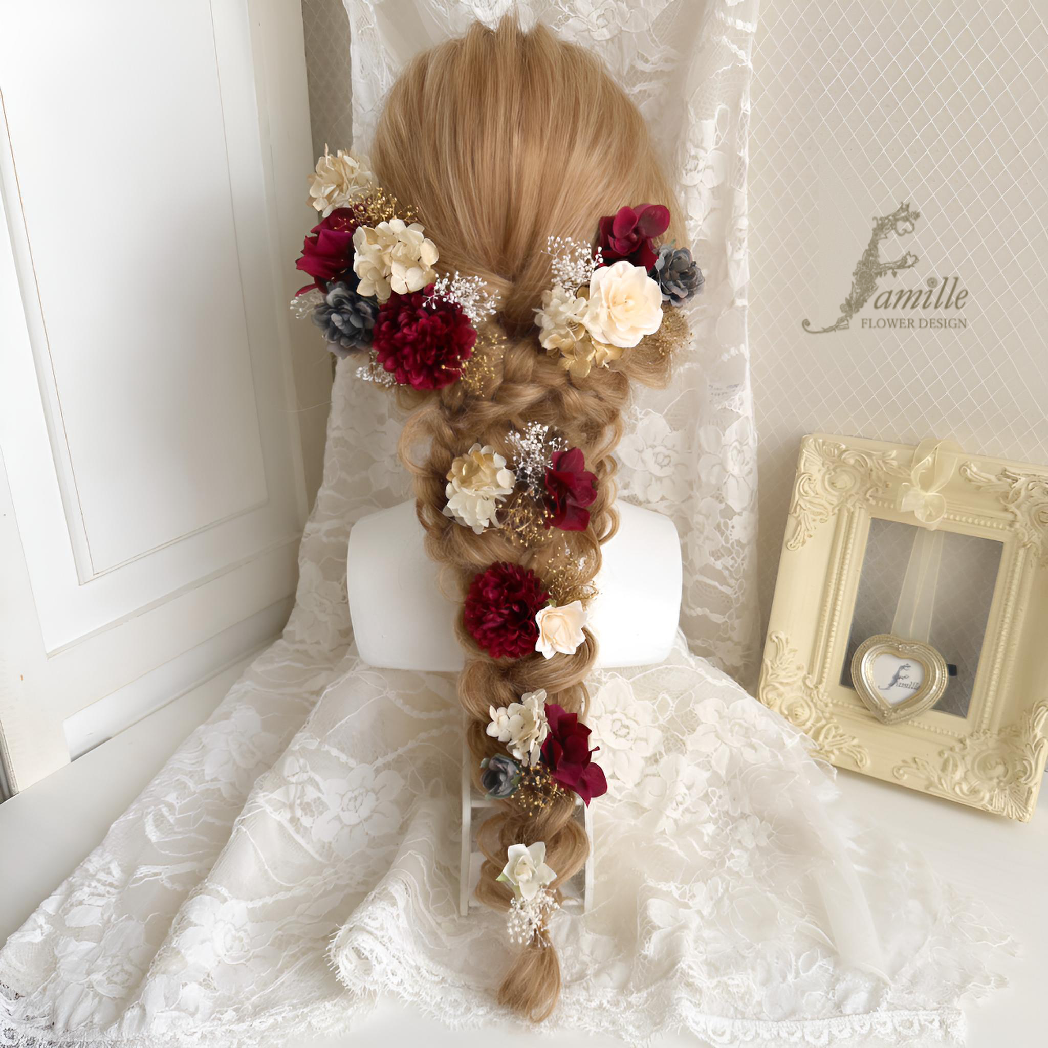 祝福の花 ✧ くすみ赤 × ゴールド × クリーム 髪飾り ｜ 前撮り 卒業式 成人式 和装 ボルドー 編みおろしヘア