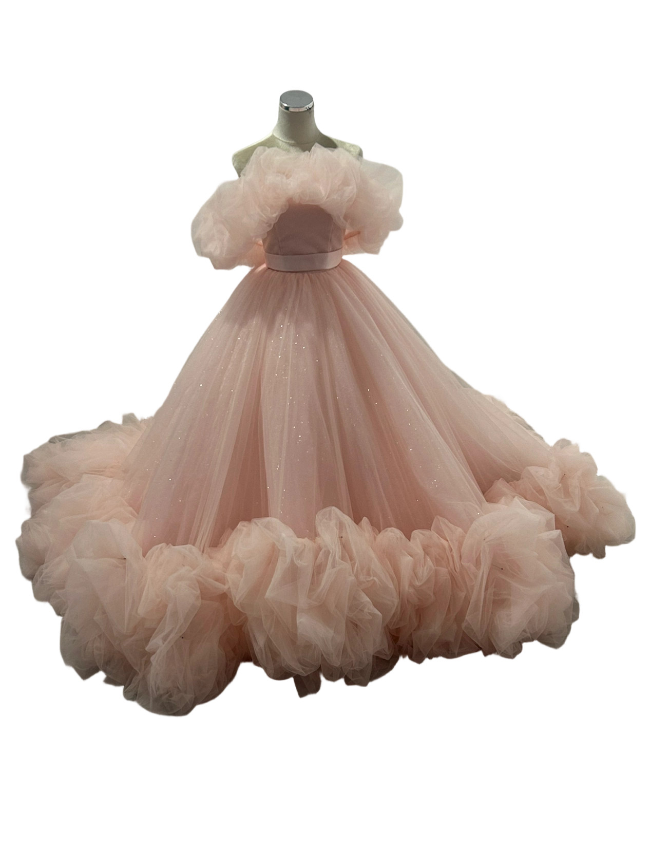 カラードレス 薄ピンク オフショルダー ラッフルフリル グリッタードレス 抜群におしゃれ度が際立つ ブライダル