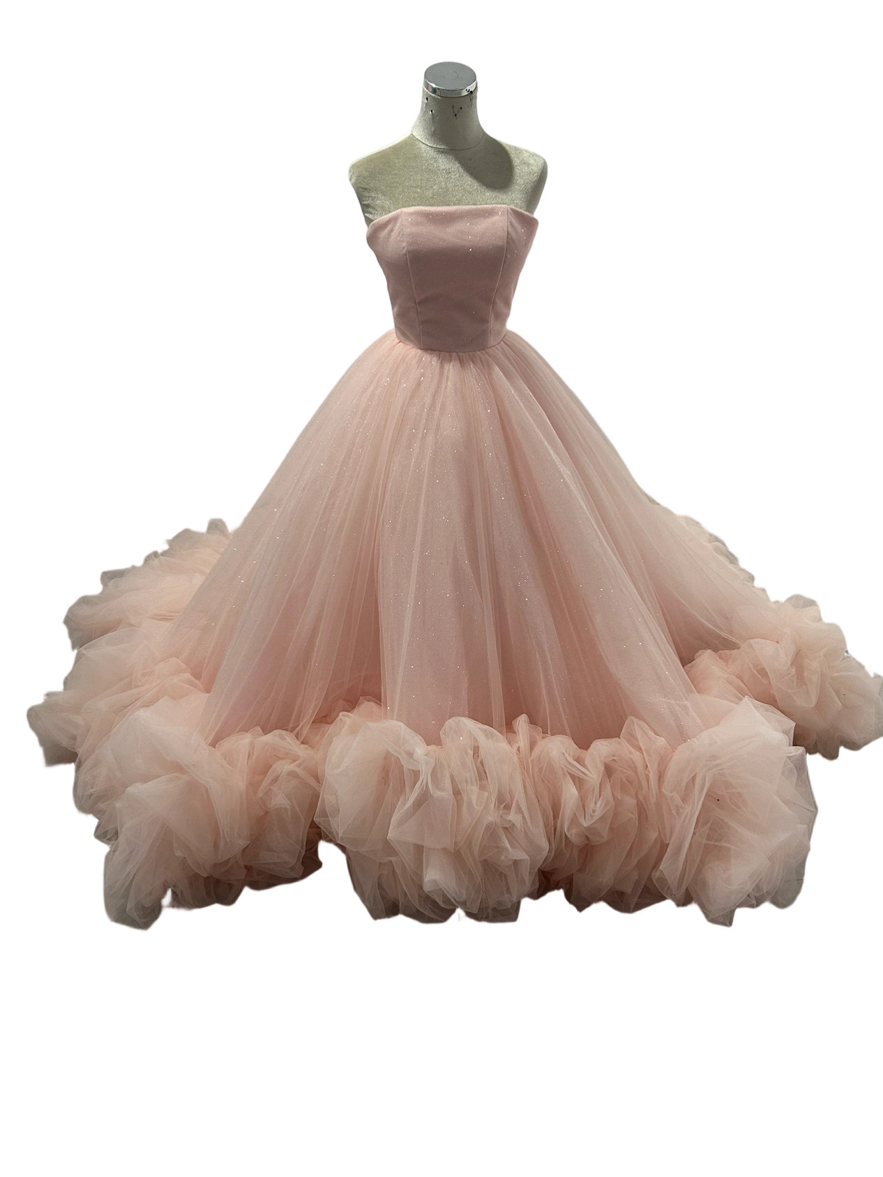 カラードレス 薄ピンク ビスチェドレス ラッフルフリル グリッタードレス 抜群におしゃれ度が際立つ ブライダル