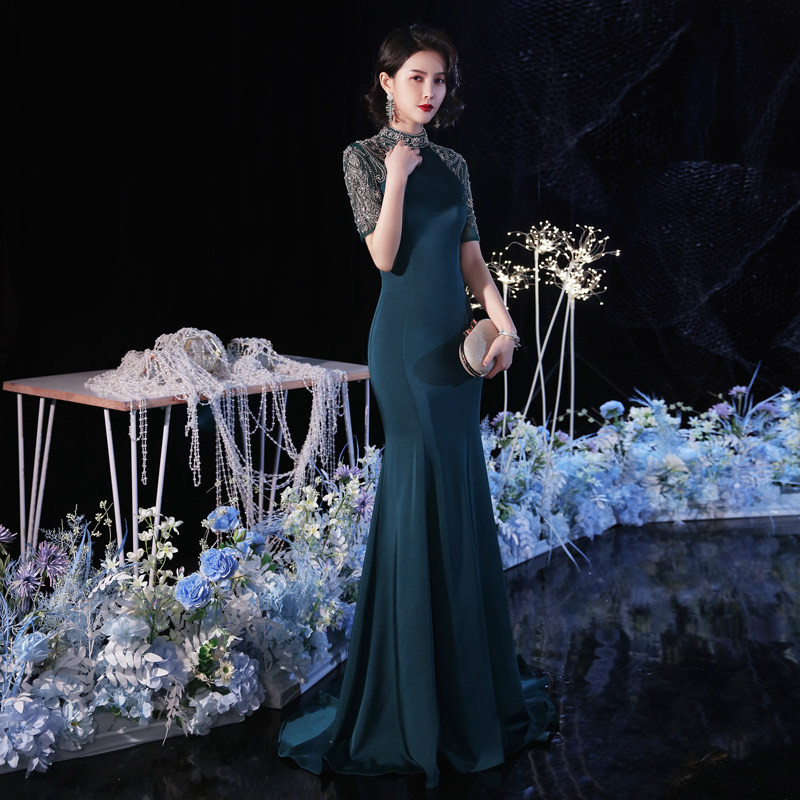 高級感 緑 半袖 裾引き スリム マーメイドドレス 優雅 パーティー 誕生日 二次会 前撮り 披露宴 BL071