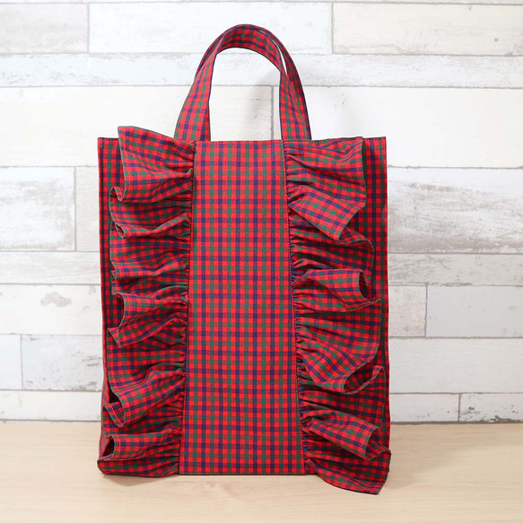 フリル付き ファミリア風 赤チェック タータンチェック マチあり