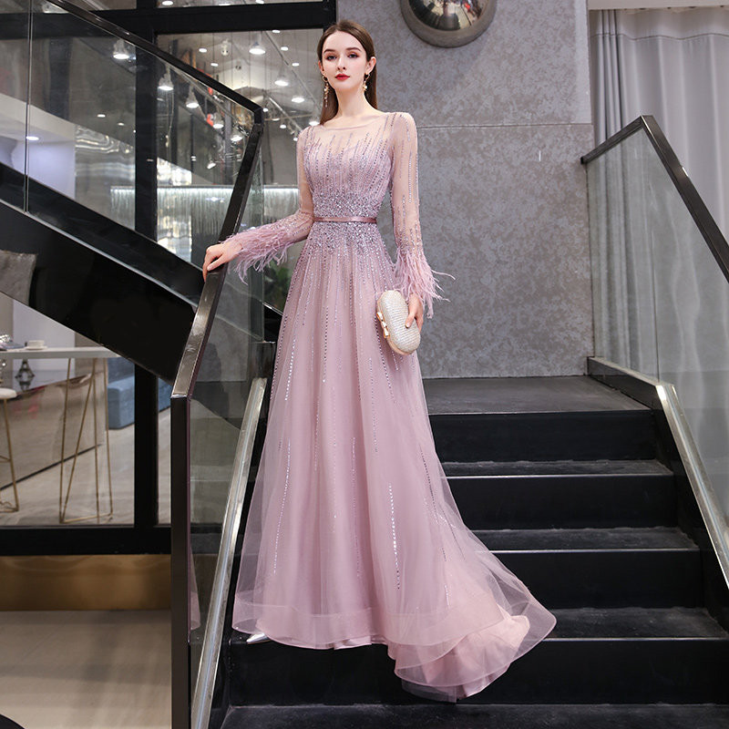 高級感 ピンク 長袖 スパンコール パーティードレス 優雅 パーティー 誕生日 二次会 前撮り 披露宴 BL075