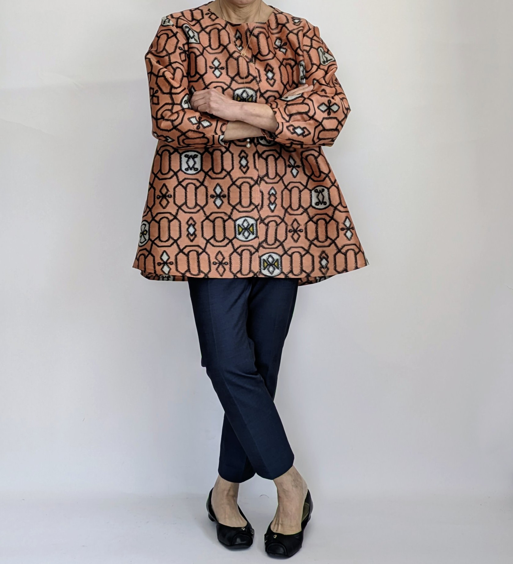 着物リメイク 銘仙 大人かわいい チュニック コーラルピンク