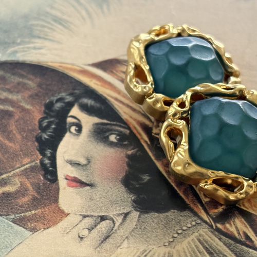 23mm Japaneseヴィンテージボタン カボション ゴールド×グリーン