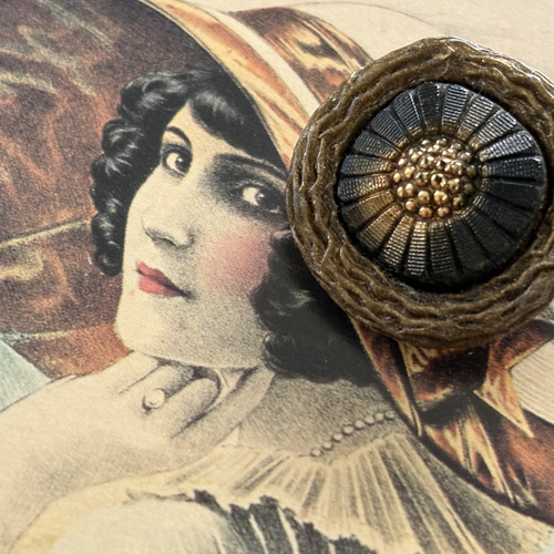 27mm フランス アンティークボタン ガラスボタン ブラウン×ゴールド