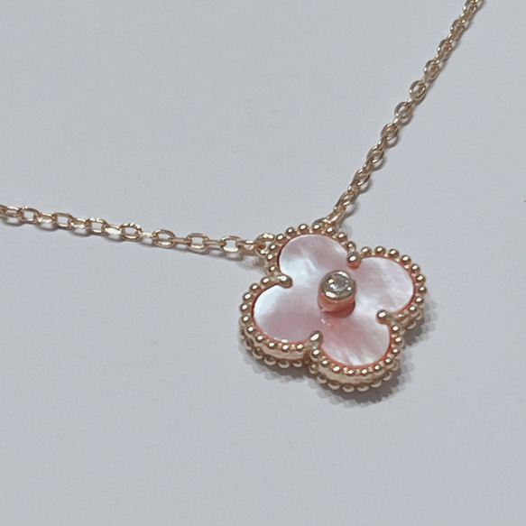 人気 クローバーネックレス ピンクマザーオブパール ジルコニア ローズ