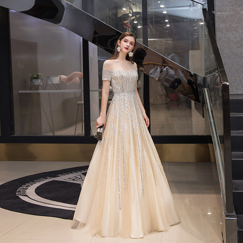 高級感 ゴールド オフショルダー スパンコール パーティードレス 優雅 誕生日 二次会 前撮り 披露宴 BL080