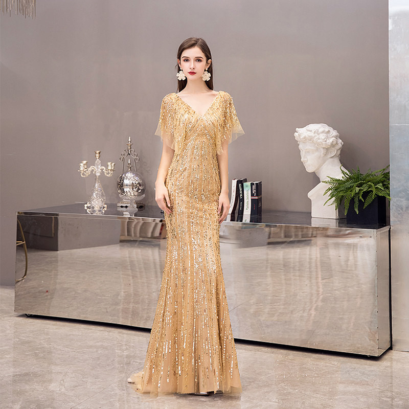 高級感 ゴールド グレー スパンコール きらきら パーティードレス 優雅 誕生日 二次会 前撮り 披露宴 BL081