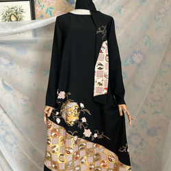 着物リメイク MLサイズ 友禅染め 黒留袖ドレス＆リボンベルト 長袖