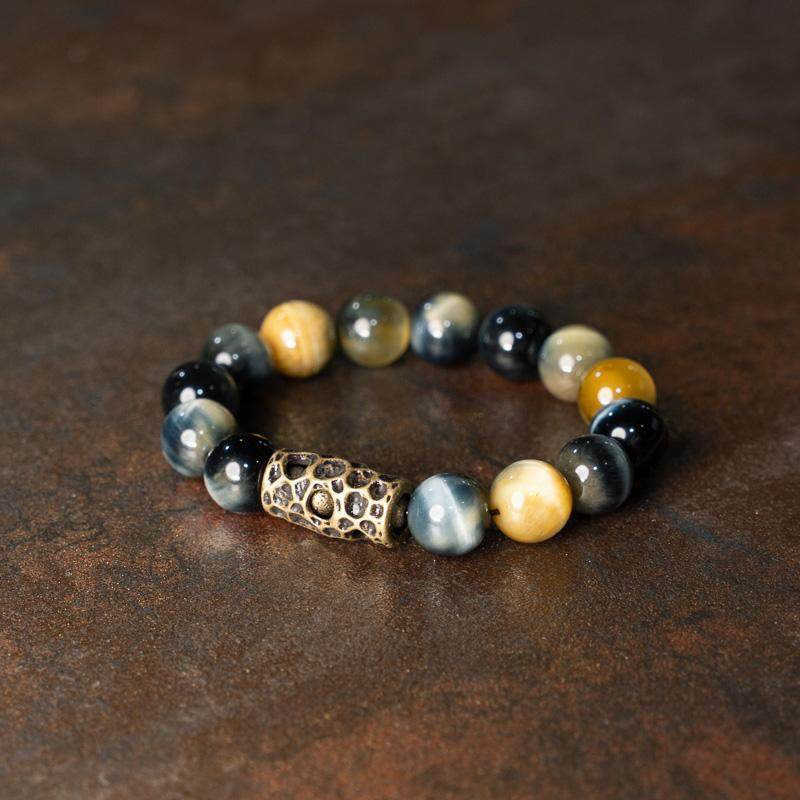 ミックスタイガーアイ × 真鍮 ブレスレット｜黄虎眼石・青虎眼石｜一点もの｜ユニセックス｜ハンドメイド 数量限定 一点も