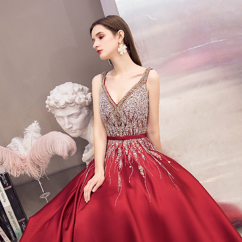 高級感 赤 Vネック きらきら パーティードレス 優雅 花嫁 パーティー 誕生日 二次会 前撮り 披露宴 BL084