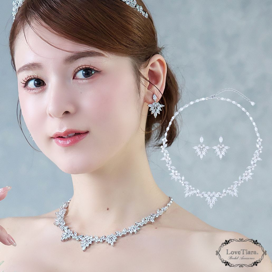 シンディジルコニアネックレス＆イヤリング/ピアスset RL-66|結婚式 ウエディング リーフ パーティー 花嫁