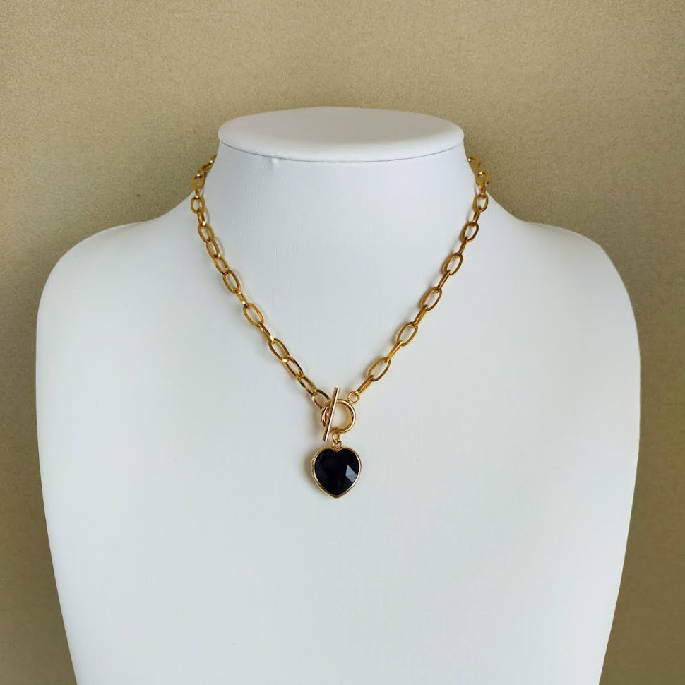 【モードな輝き】　40㎝　12g  天然石　オニキス　ネックレス　多面カット　金属アレルギー対応　マンテル　ハート