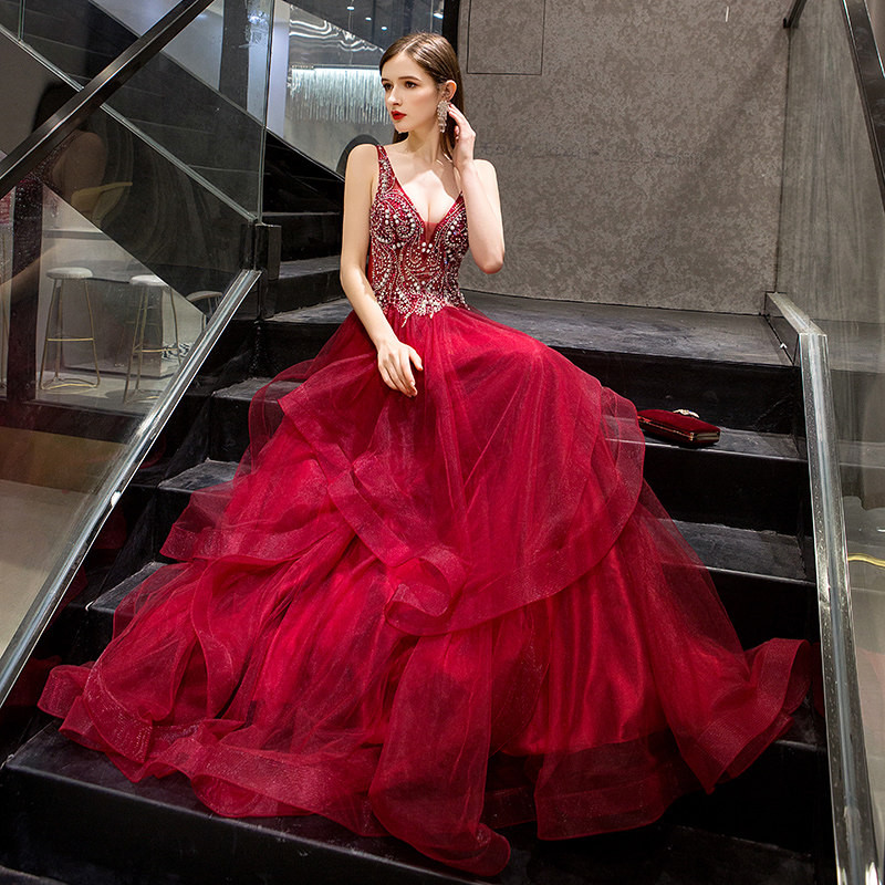 高級感 ボルドー Vネック パーティードレス 綺麗 花嫁 パーティー 演奏会 二次会 前撮り 披露宴 BL103