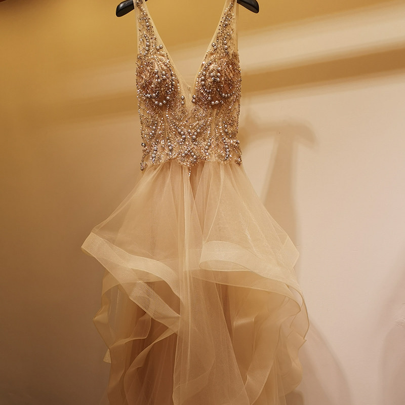 綺麗 シャンパン色 ピンク Vネック パーティードレス 花嫁 パーティー 演奏会 二次会 前撮り 披露宴 BL104