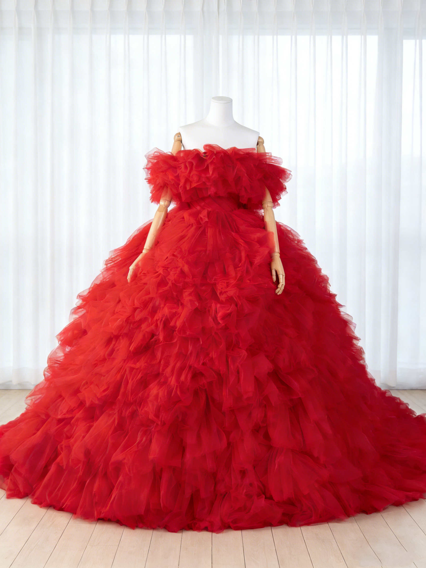 送料無料！カラードレス  ボルドー色 もこもこドレス オフショルダー ふわふわドレス プリンセスライン ブライダル